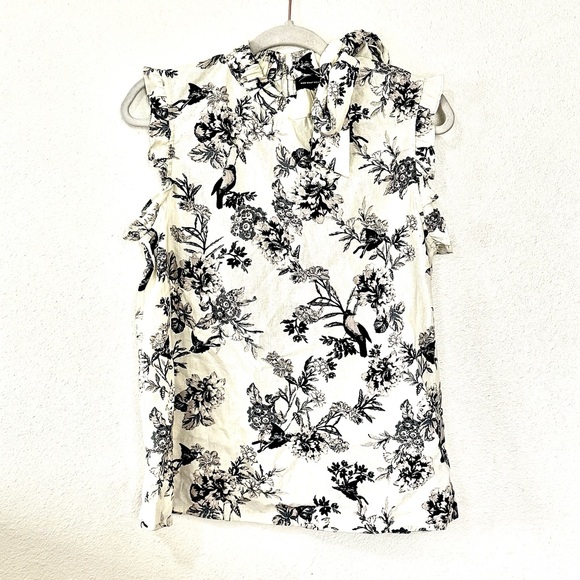 Who What Wear Floral Print Sleeveless Blouse Top Tie Neck Linen Black Cream M - Picture 3 of 10